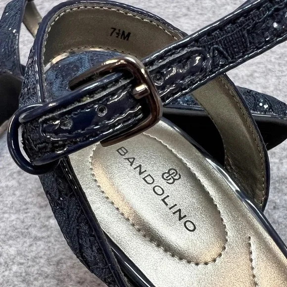 Bandolino Navy Blue Lace Glitter Pointed Toe Ankle Strap Pumps Formal Heels 7.5M - Picture 6 of 8